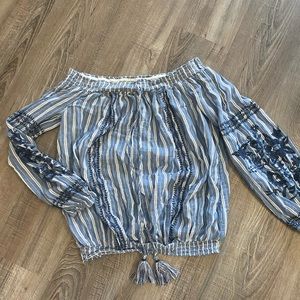 off the shoulder blue and white striped shirt